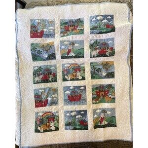 Noah's Ark Baby Quilt Blanket Pre-Quilted Crib Coverlet, 47” X  36” White Blue